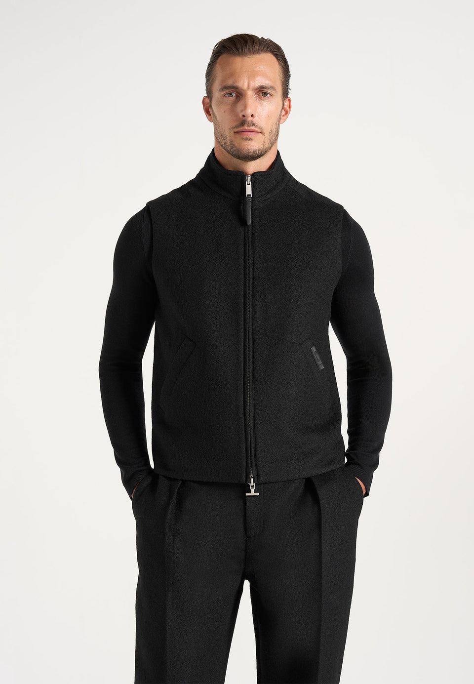 Levi - Herringbone Brushed Wool Zip Gilet - Black
