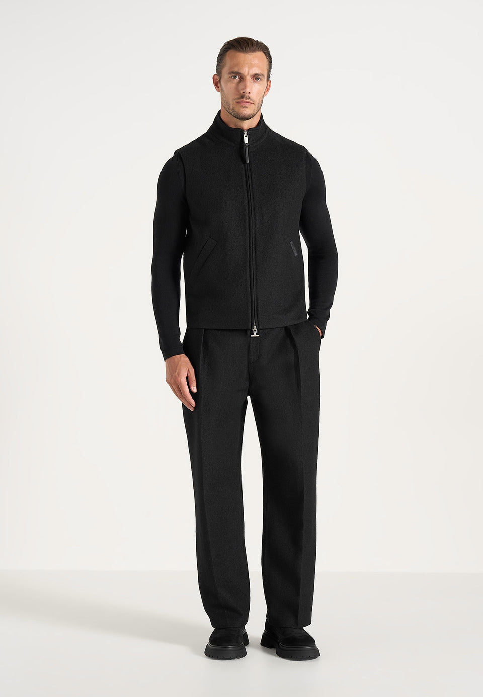 Levi - Herringbone Brushed Wool Zip Gilet - Black
