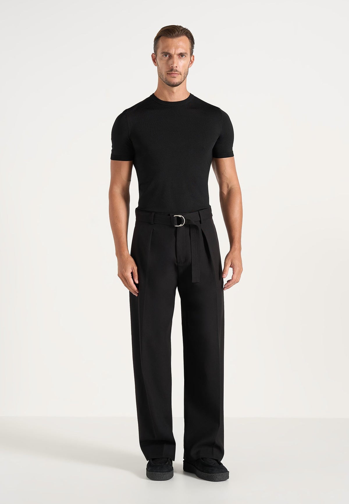 Loic - Wide Leg Tailored Wool-Blend Pants With Belt - Black