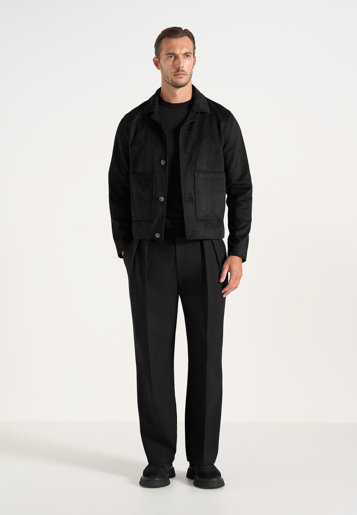 Michel - Suede Jacket With Revere Collar - Black