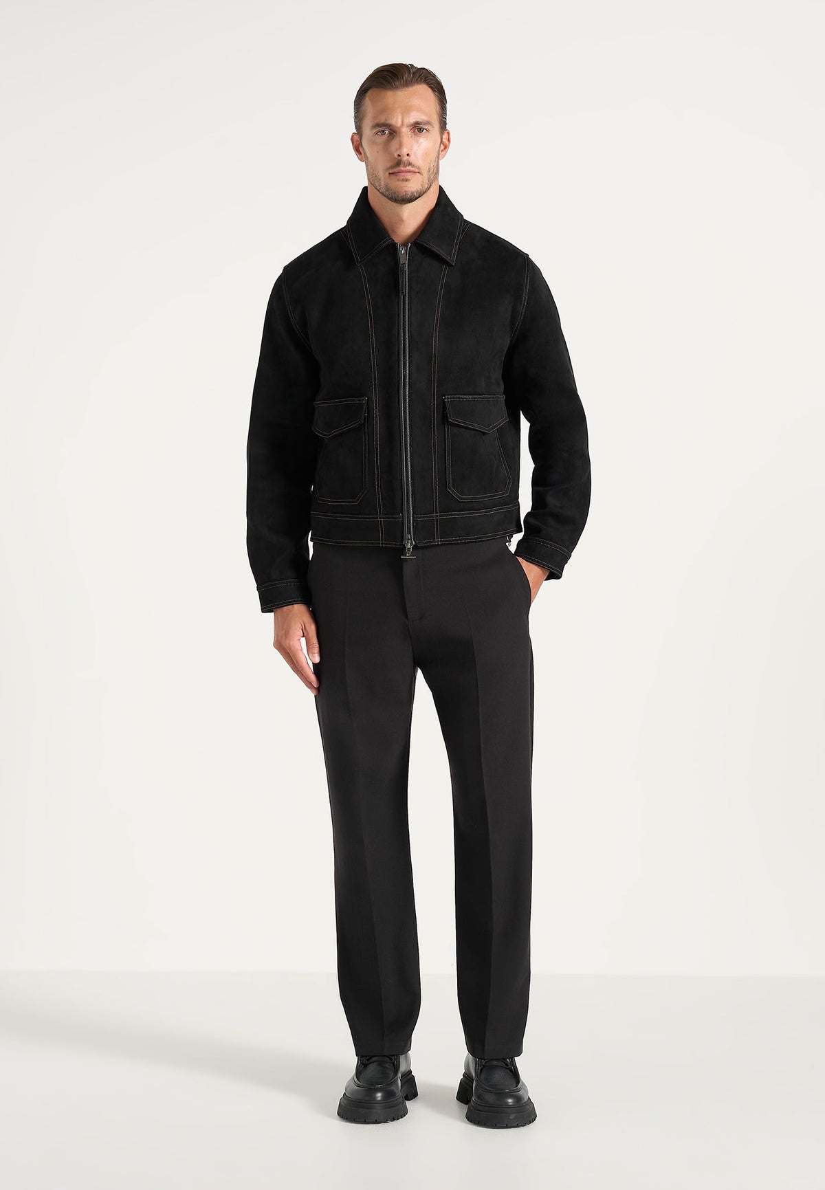 Vince - Suede Contrast Stitch Jacket - Black