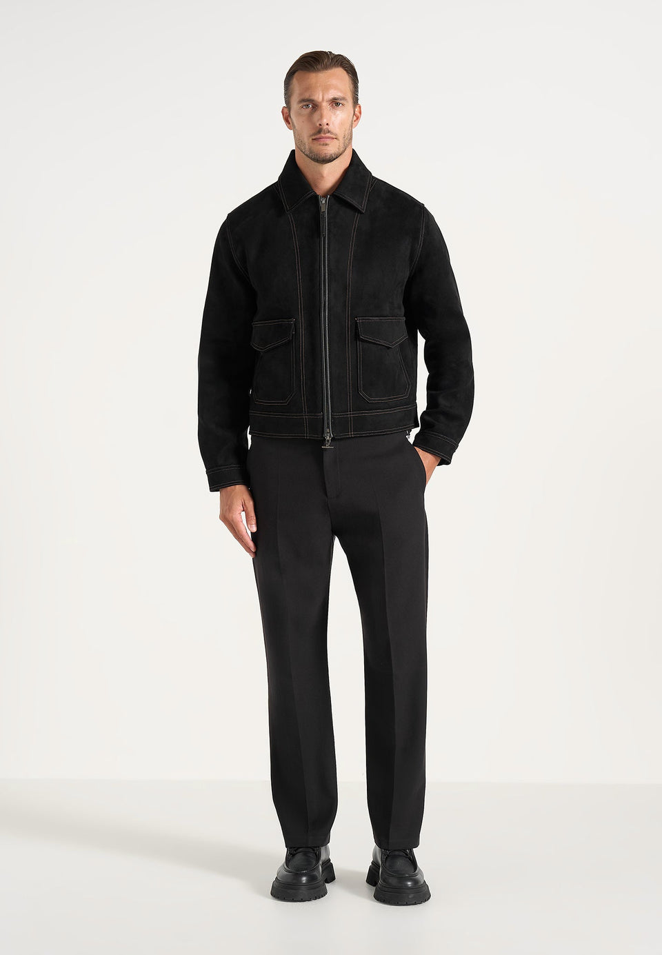 Vince - Suede Contrast Stitch Jacket - Black