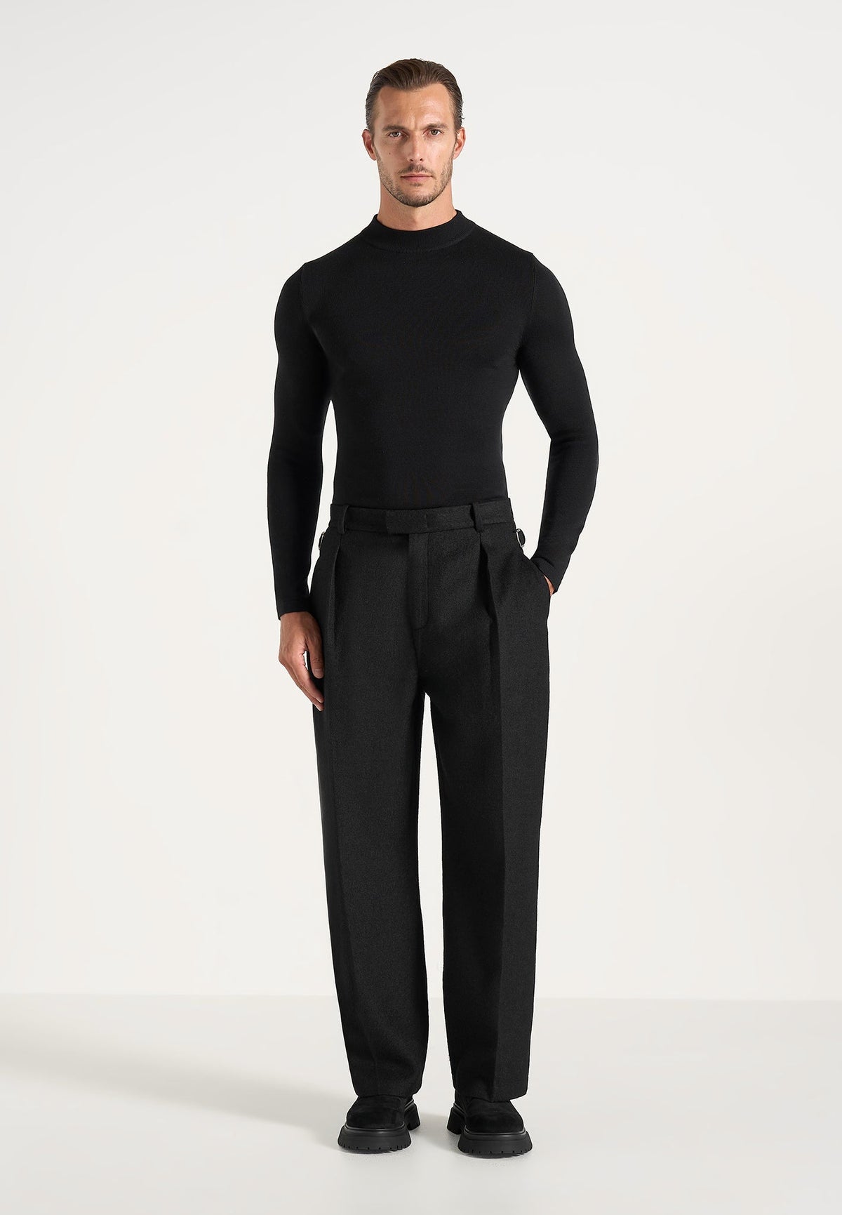 Dorian - Herringbone Brushed Wool-Blend Pleated Pants - Black