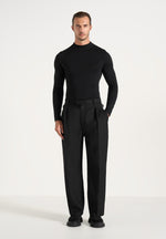 Dorian - Herringbone Brushed Wool Pleated Pants - Black