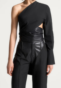Coralie - One Sleeve Leather Wrap Top - Black