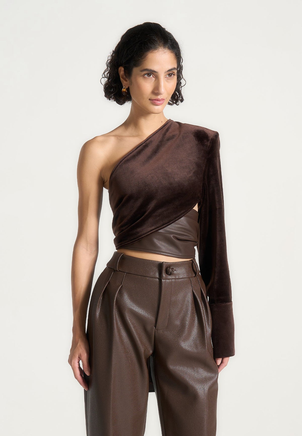 coralie-one-sleeve-velour-wrap-top-brown