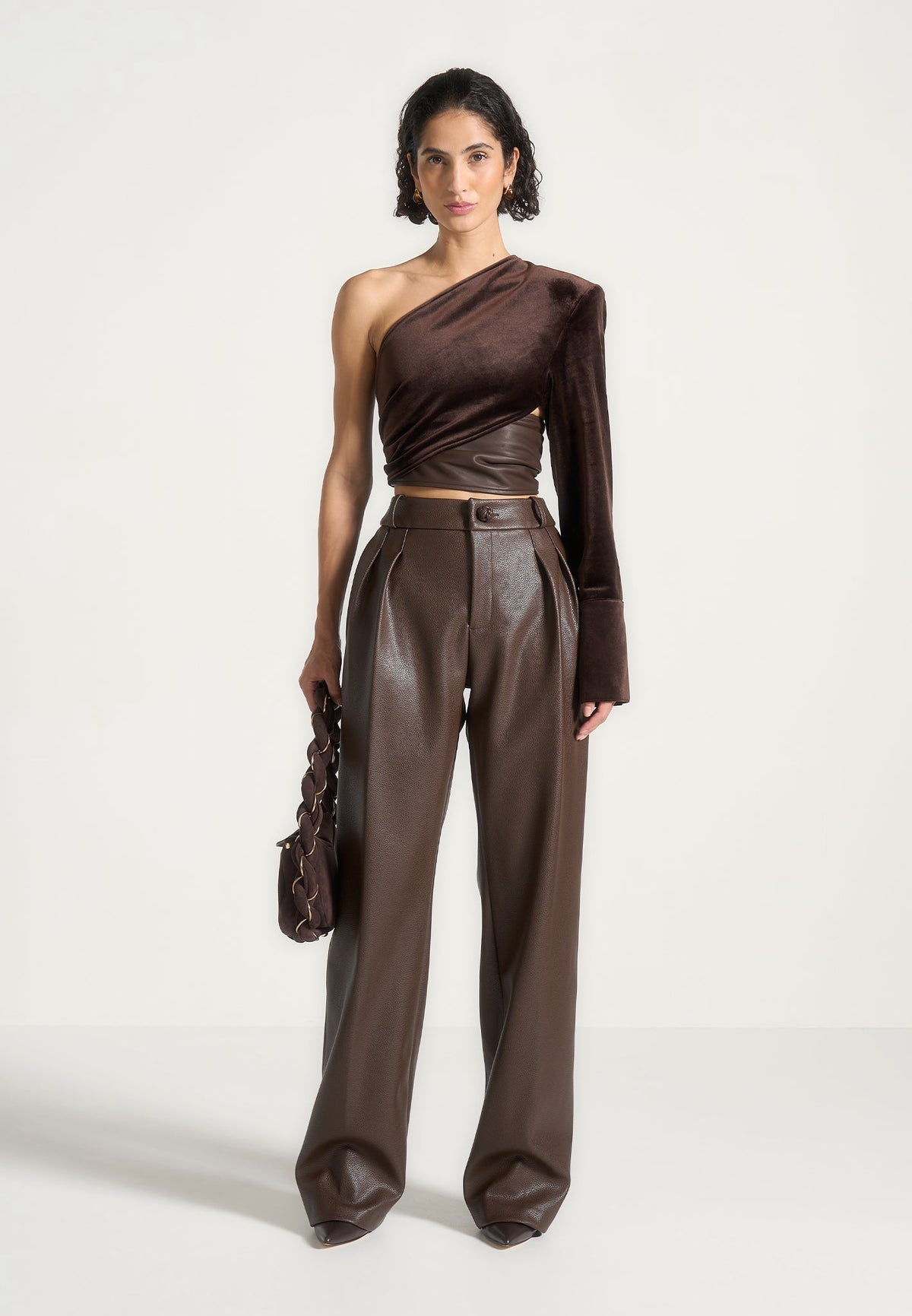Coralie - One Sleeve Velour Wrap Top - Brown
