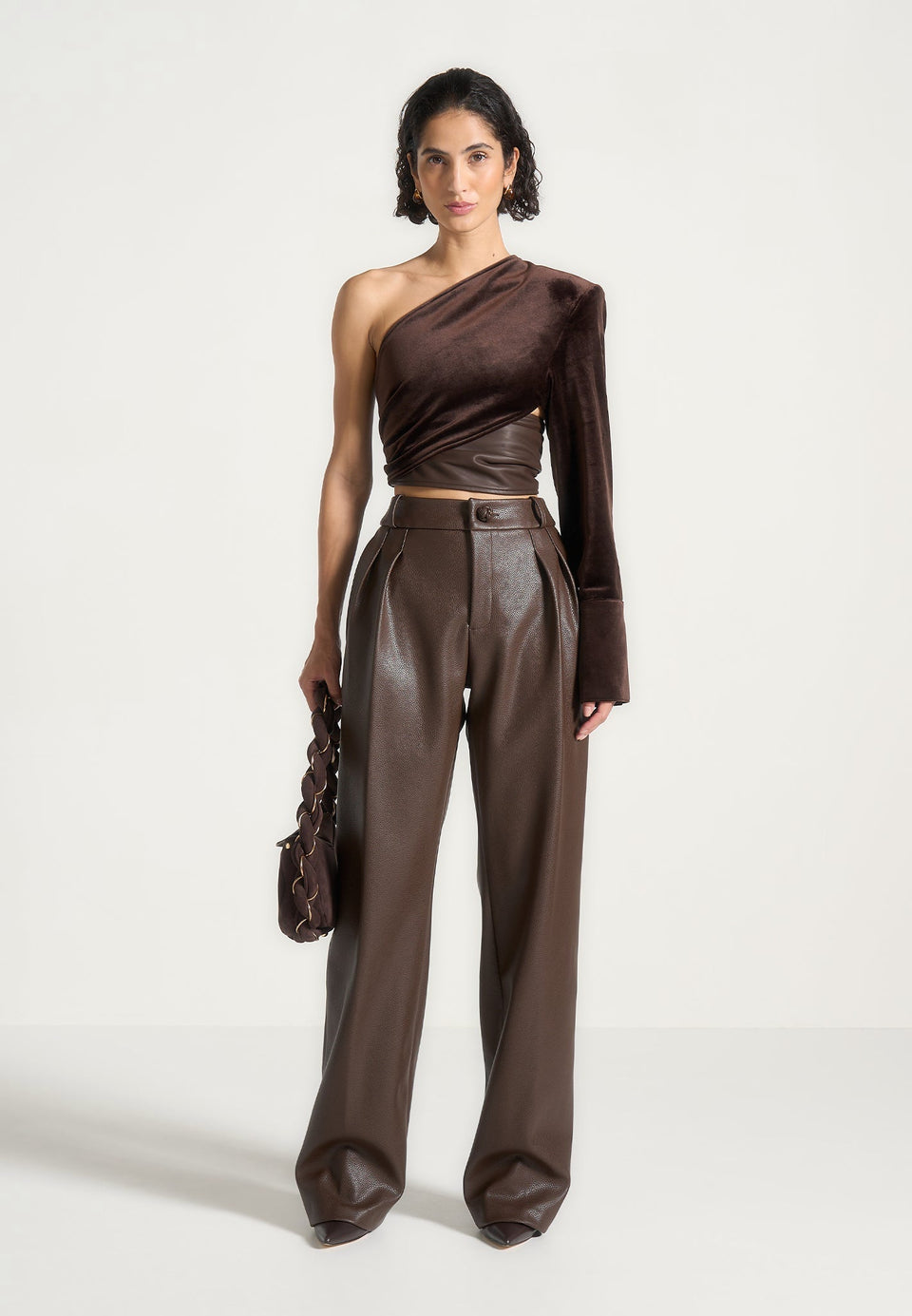 coralie-one-sleeve-velour-wrap-top-brown