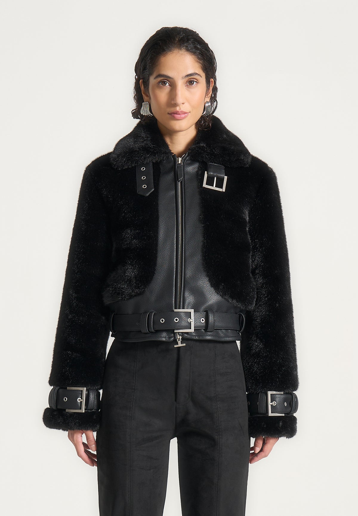Deya - Plush & Leather Belted Jacket - Black