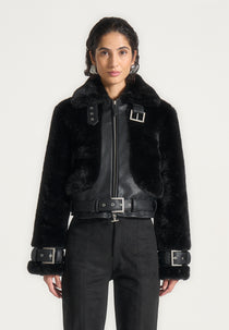 Deya - Plush & Leather Belted Jacket - Black