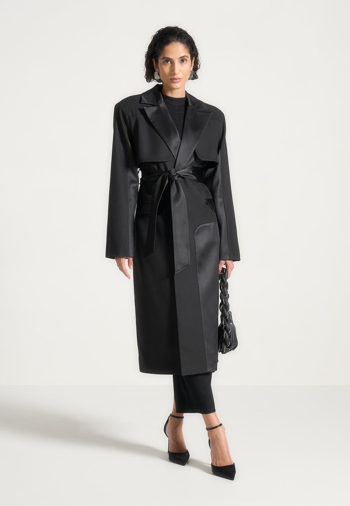 Ilona - Tailored Satin Trench Coat - Black