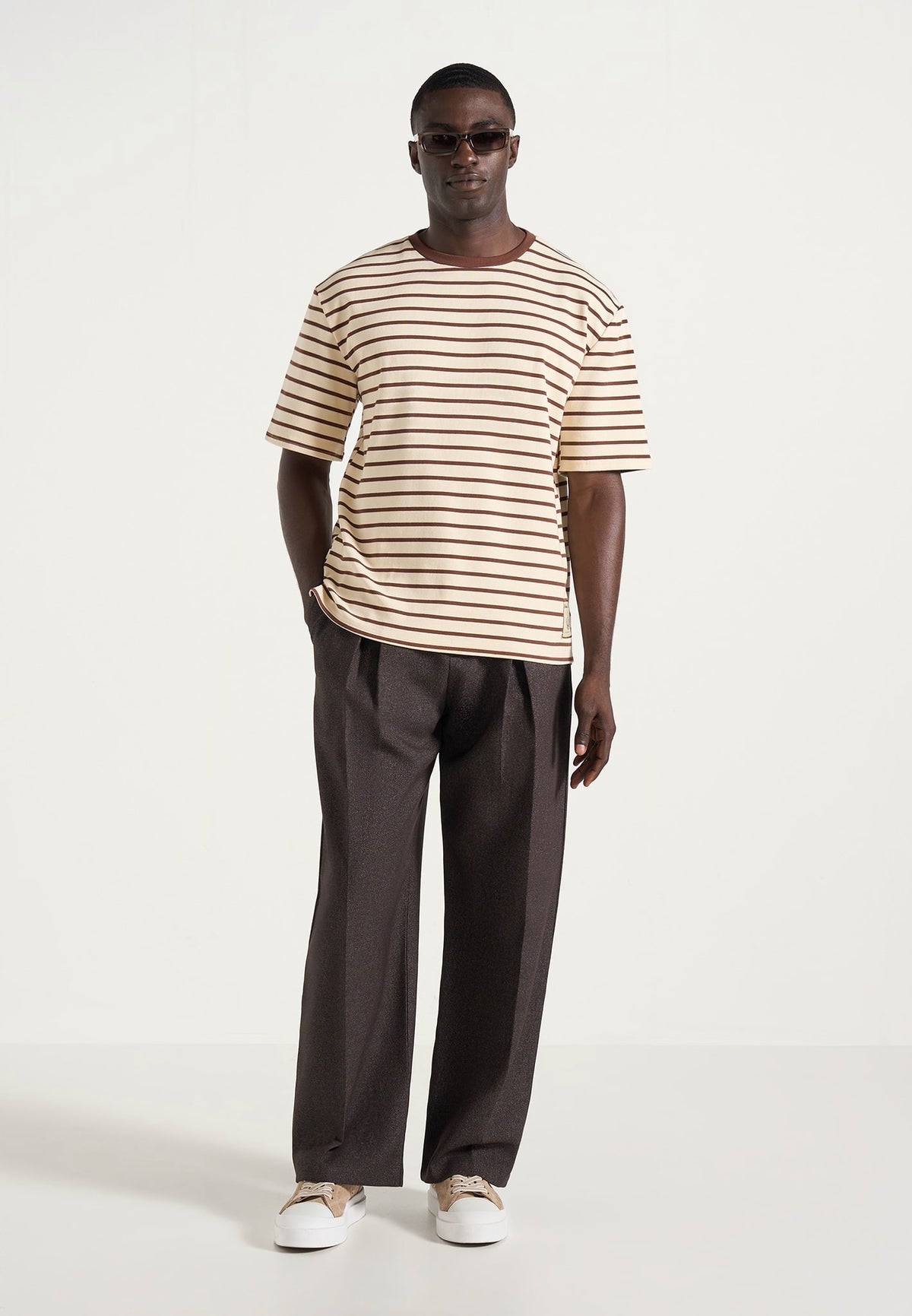 Riley - Unisex Striped Relaxed Fit Cotton T-Shirt - Cream/Brown