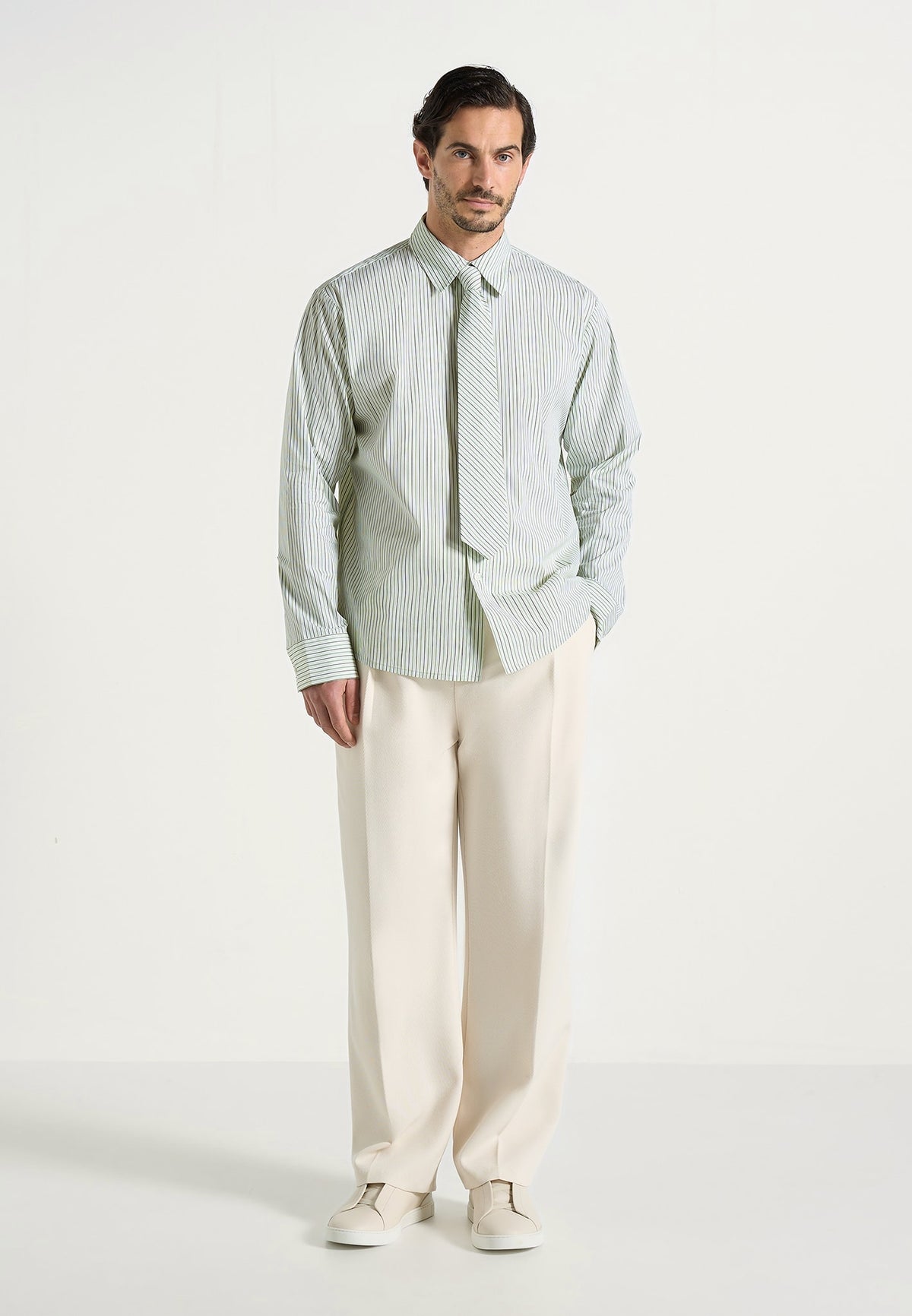 Dylan - Unisex Pinstripe Long Sleeve Shirt With Detachable Tie - Sage