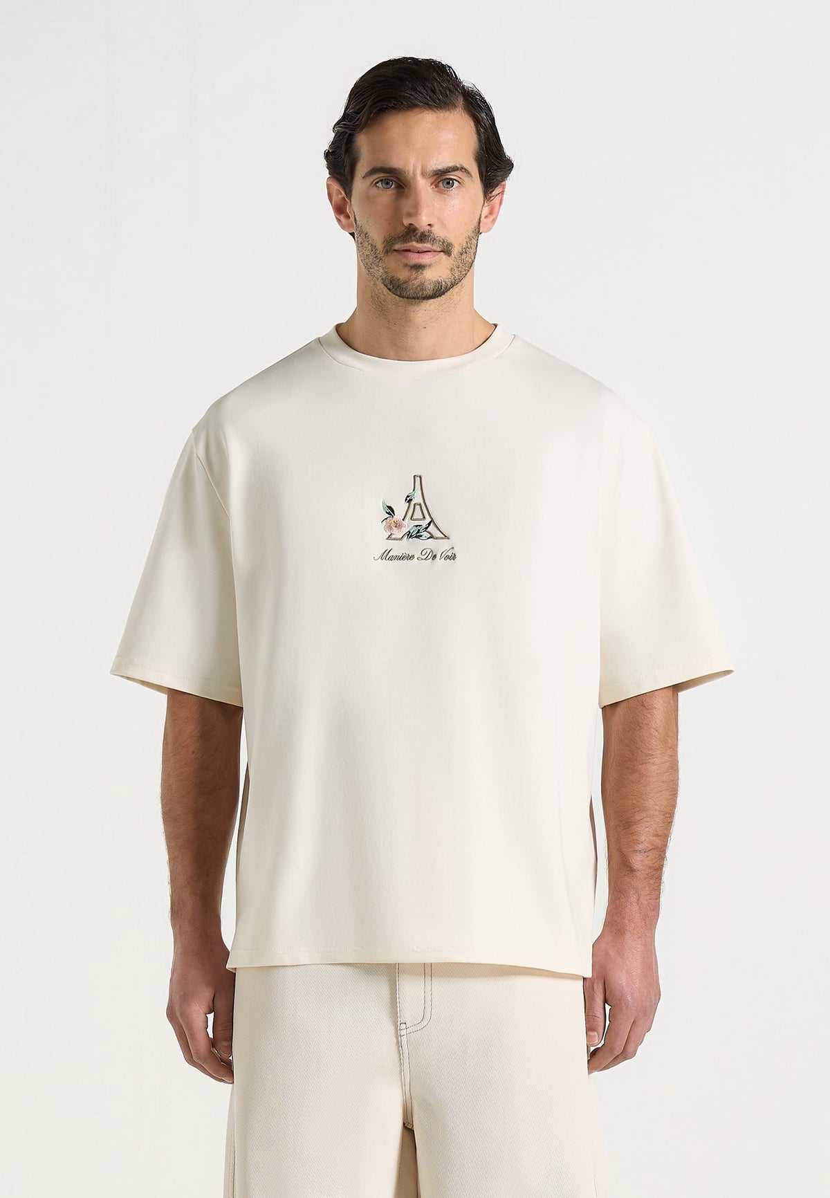 TS008 - Unisex Floral Eiffel Cotton T-Shirt - Cream