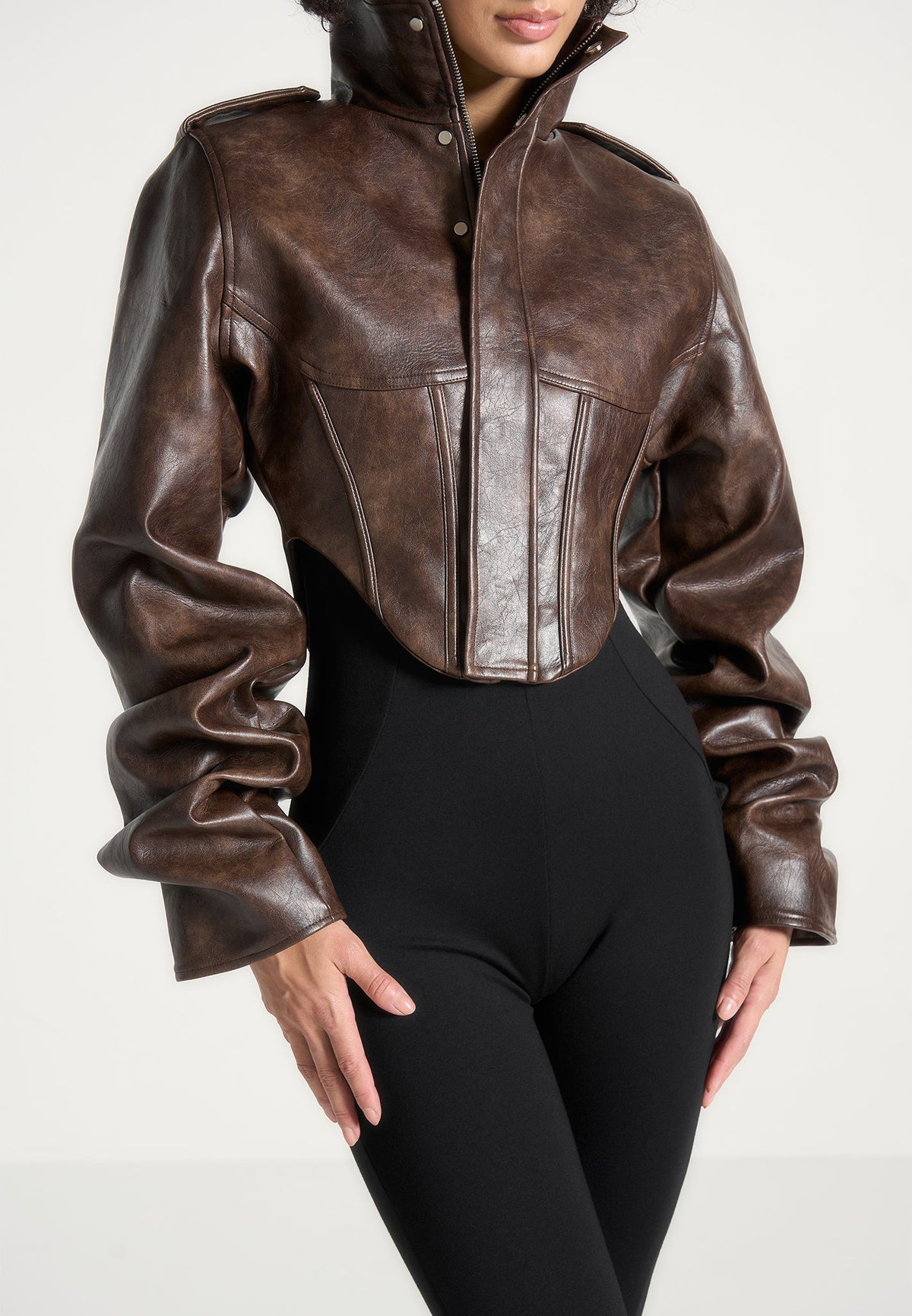 Solange - Vintage Leather Tacked Sleeve Corset Jacket - Brown