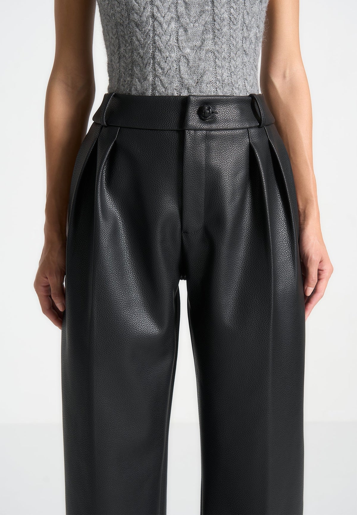 olivia-pebbled-leather-pleated-stacked-trousers-black