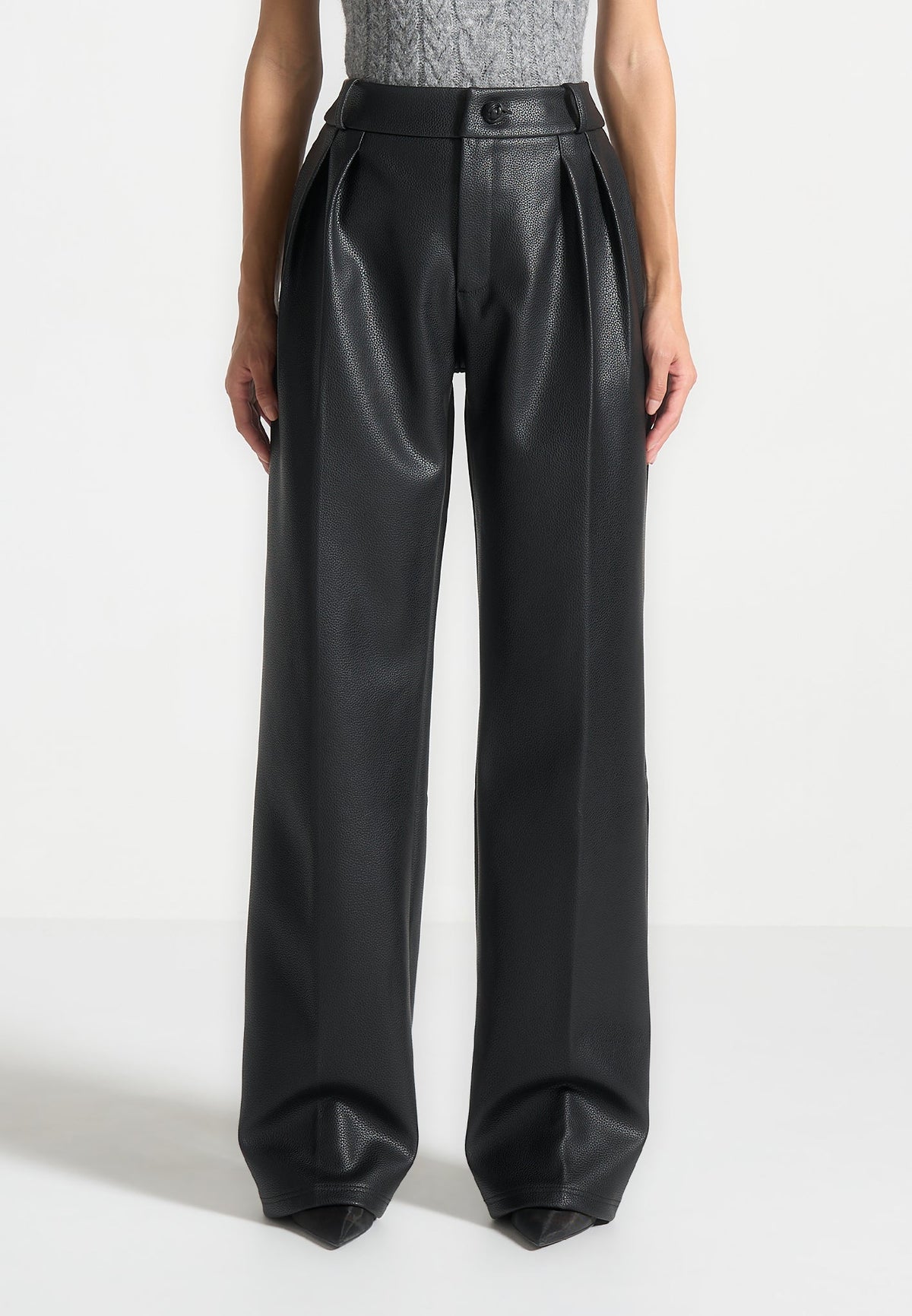 olivia-pebbled-leather-pleated-stacked-trousers-black