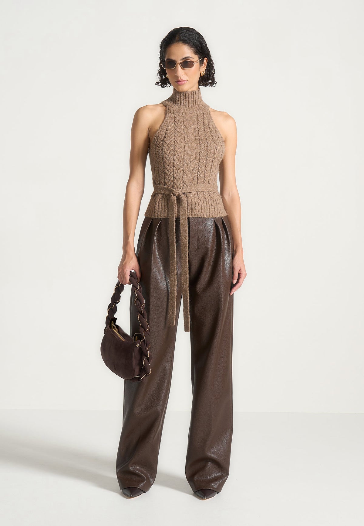Olivia - Pebbled Leather Pleated Stacked Pants - Brown