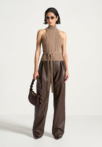 Olivia - Pebbled Leather Pleated Stacked Pants - Brown