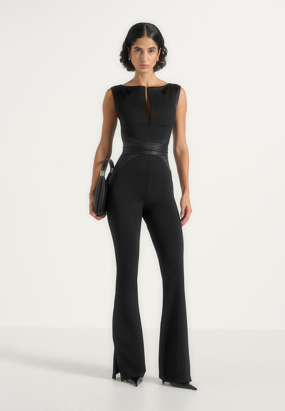 Selene - Belted Satin Contour Flared Jumpsuit - Black