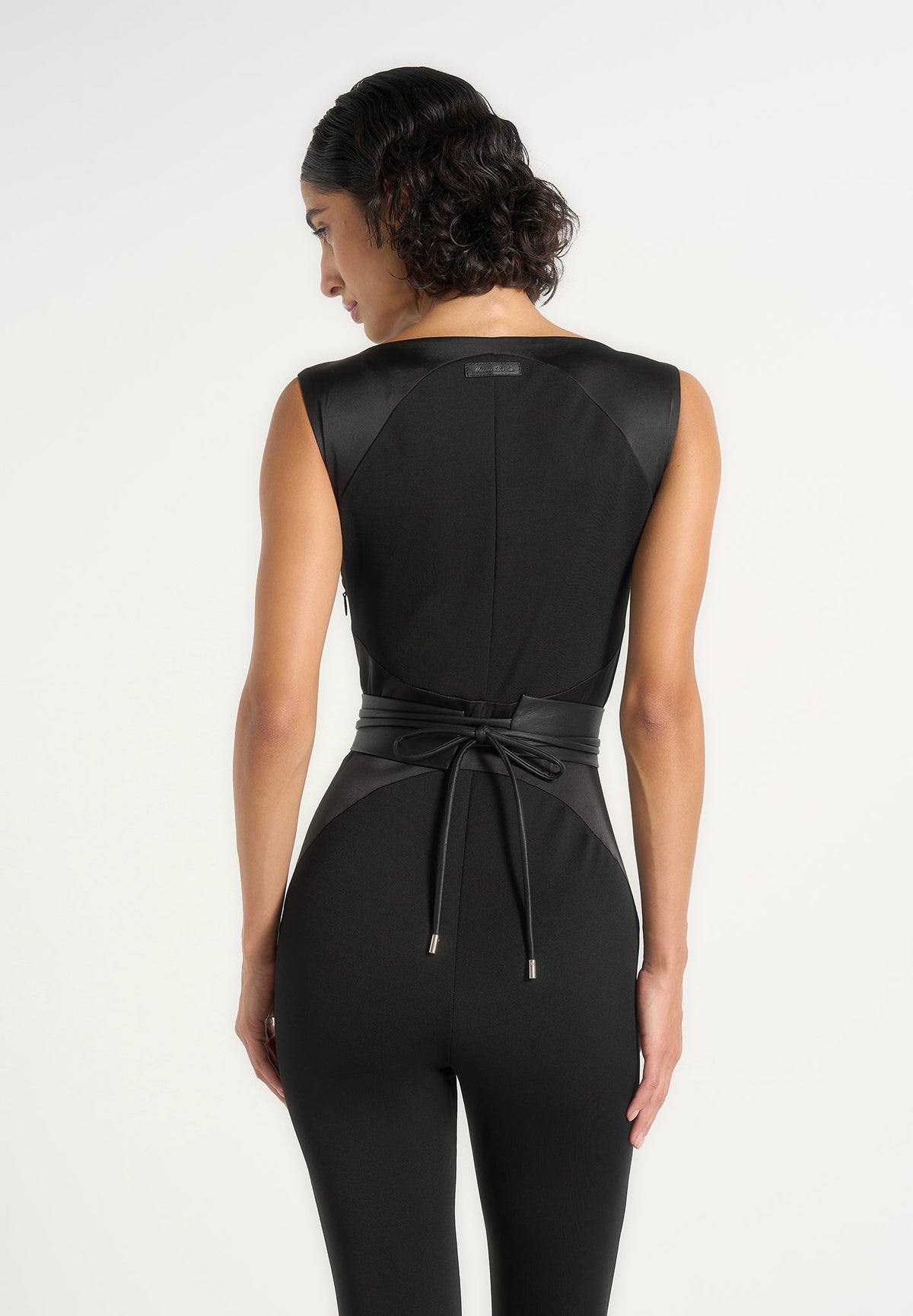 Selene - Belted Satin Contour Flared Jumpsuit - Black