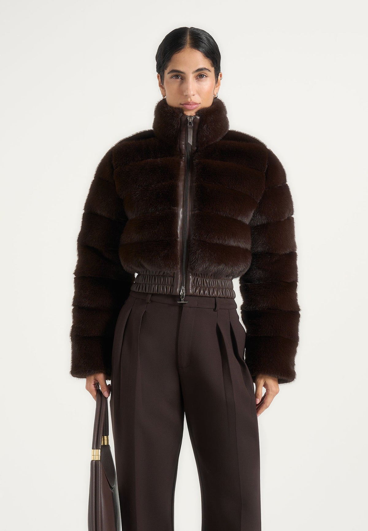 Ama - Plush Cropped Puffer Jacket - Brown