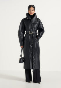 Leyna - Ostrich Hourglass Belted Coat - Black