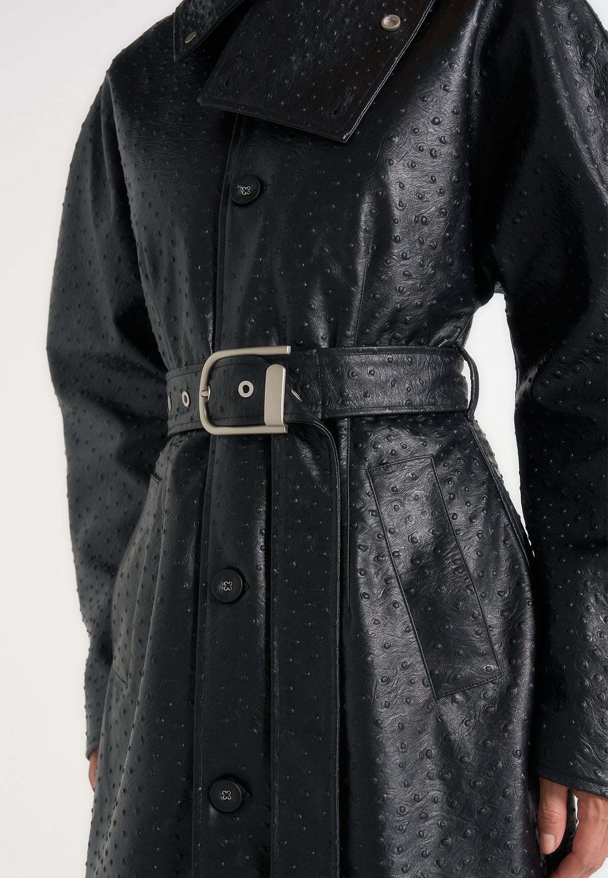 Leyna - Ostrich Hourglass Belted Coat - Black