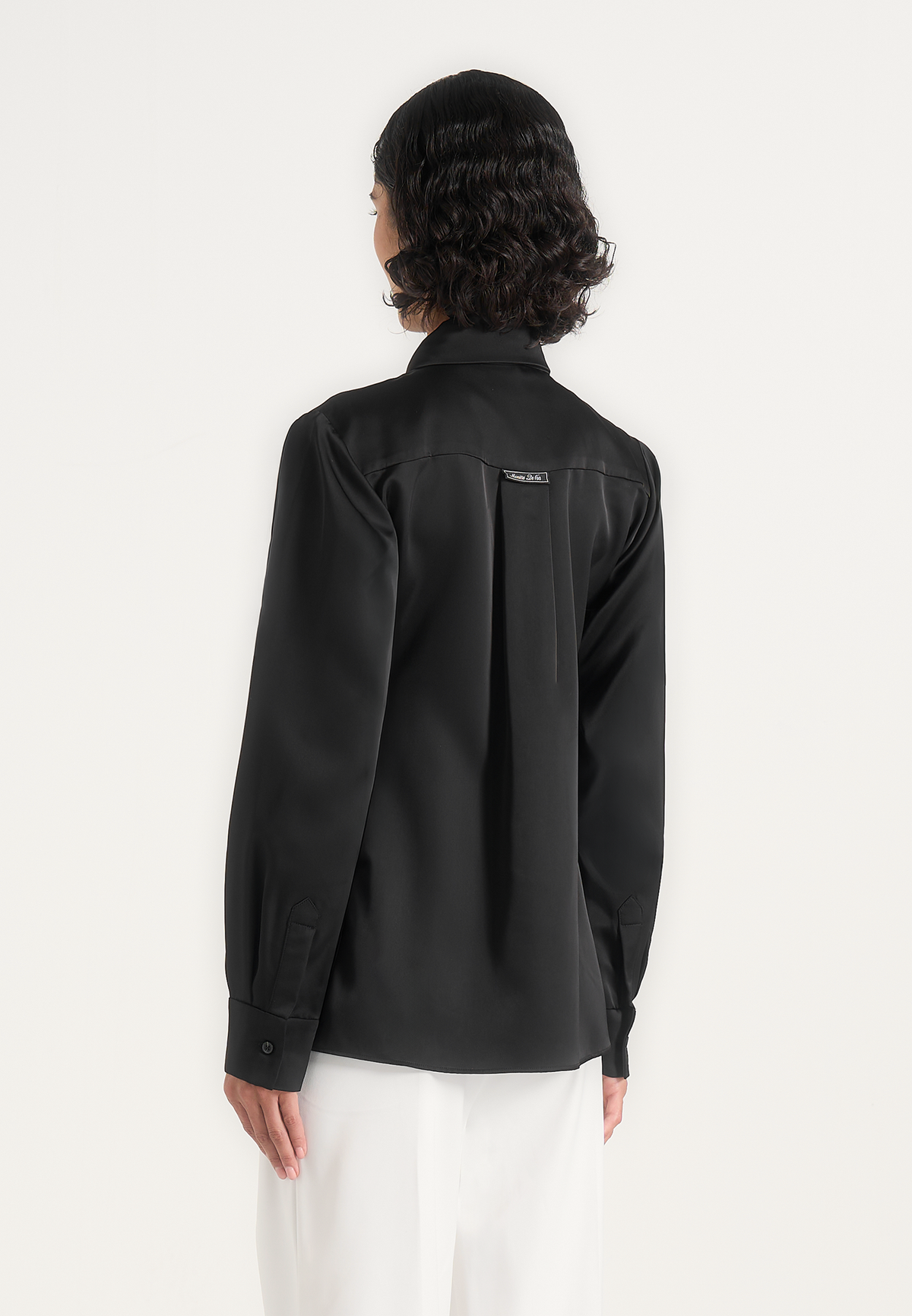Hanelle - Satin Tie Neck Pleated Shirt - Black
