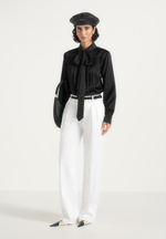 Hanelle - Satin Tie Neck Pleated Shirt - Black