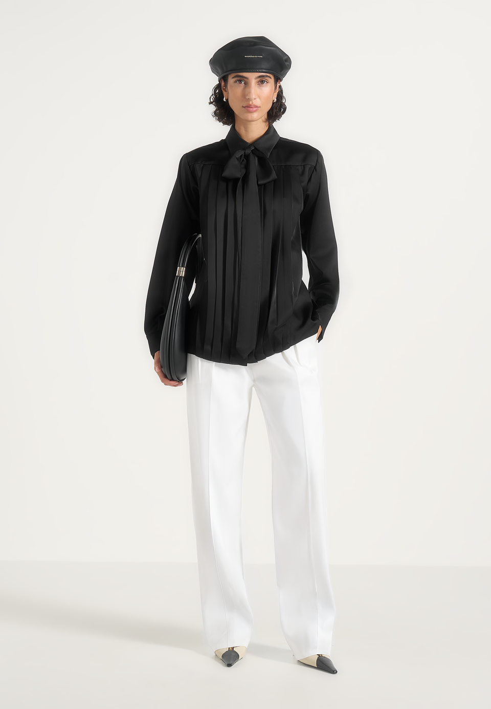 Hanelle - Satin Tie Neck Pleated Shirt - Black