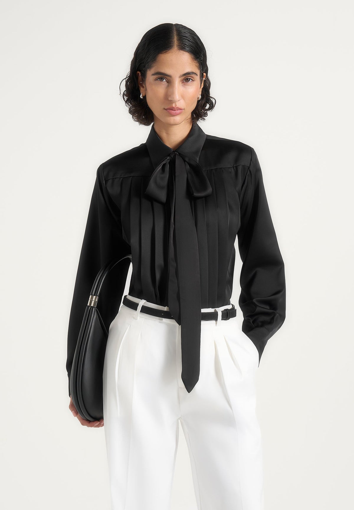 Hanelle - Satin Tie Neck Pleated Shirt - Black