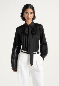 Hanelle - Satin Tie Neck Pleated Shirt - Black