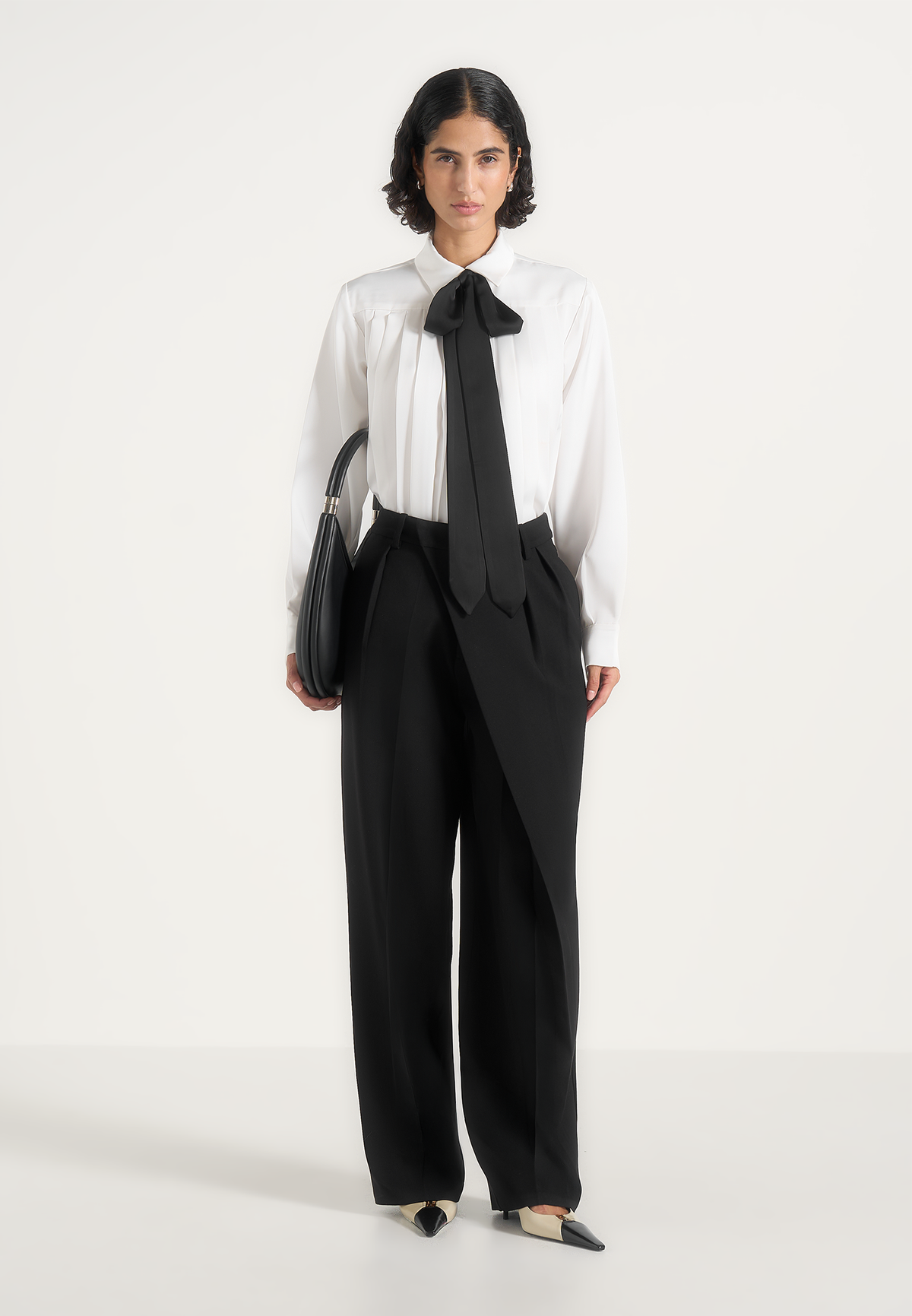 Hanelle - Satin Tie Neck Pleated Shirt - White