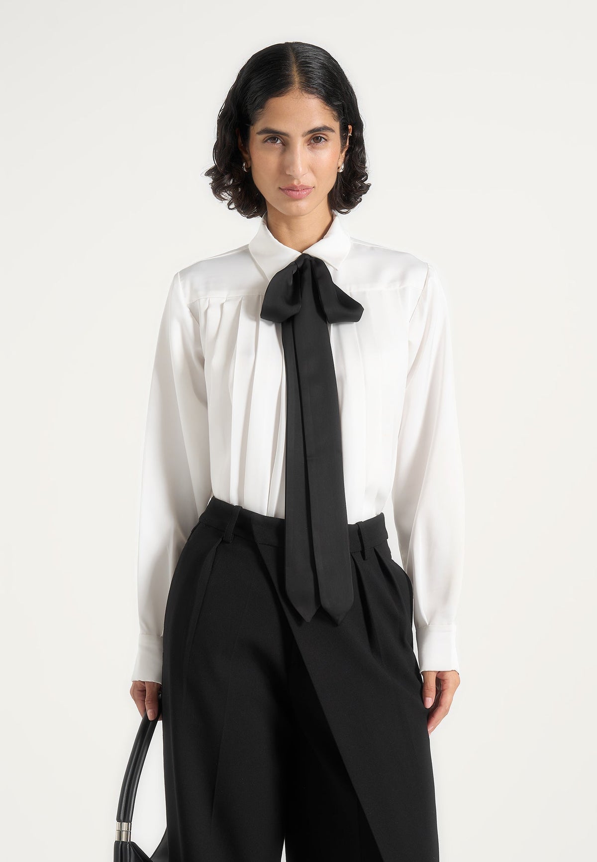 Hanelle - Satin Tie Neck Pleated Shirt - White