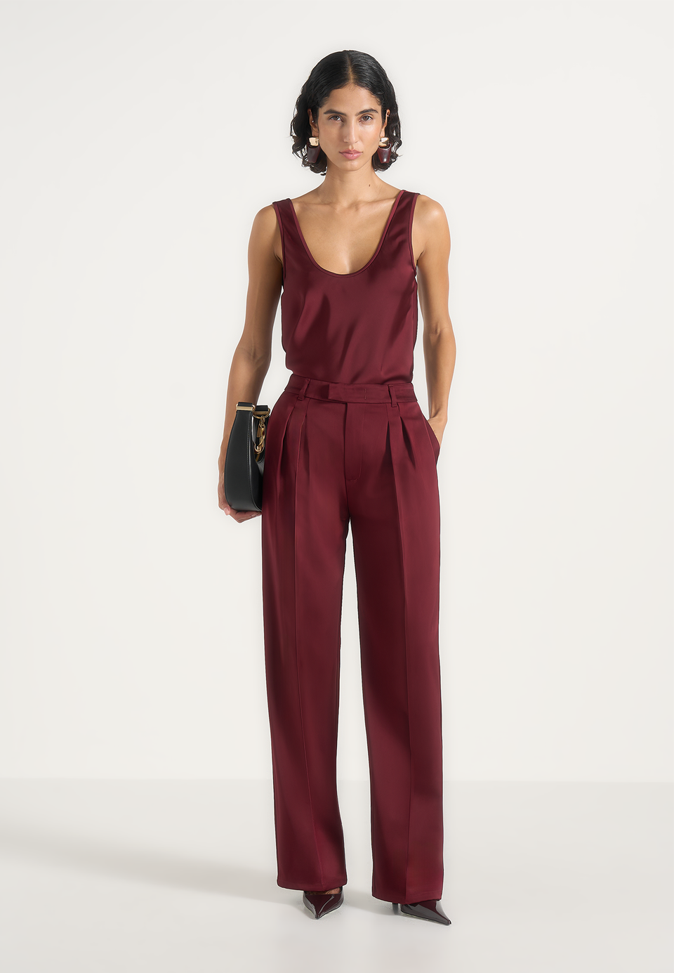 Julie - Satin Twin Pleat Pants - Wine Red