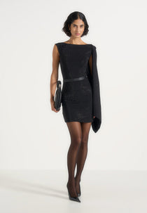Chana - Embellished Drape Cape Mini Dress - Black
