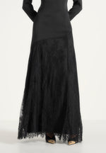 Miriam - Asymmetric Satin & Lace Maxi Dress With Lace Scarf - Black