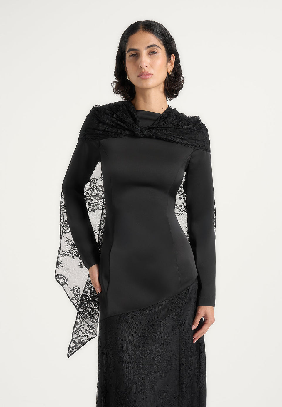 Miriam - Asymmetric Satin & Lace Maxi Dress With Lace Scarf - Black