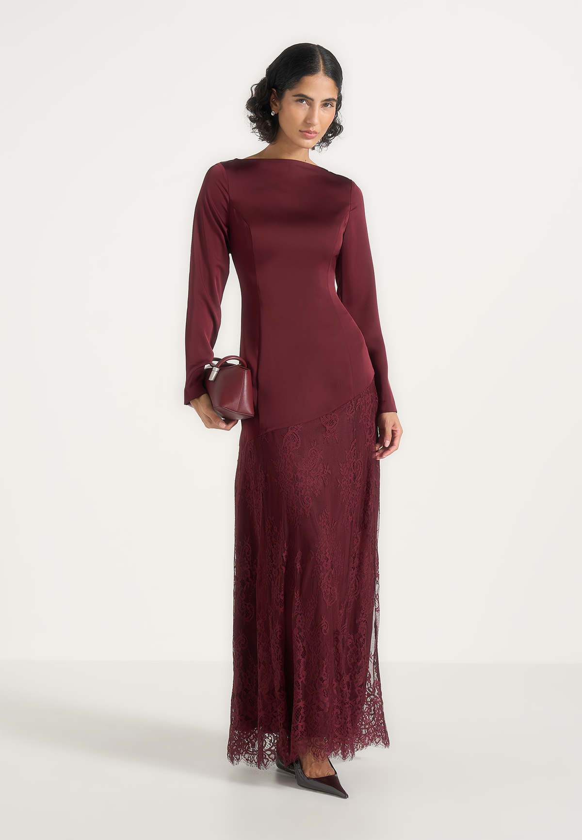 Miriam - Asymmetric Satin & Lace Maxi Dress With Lace Scarf - Wine Red