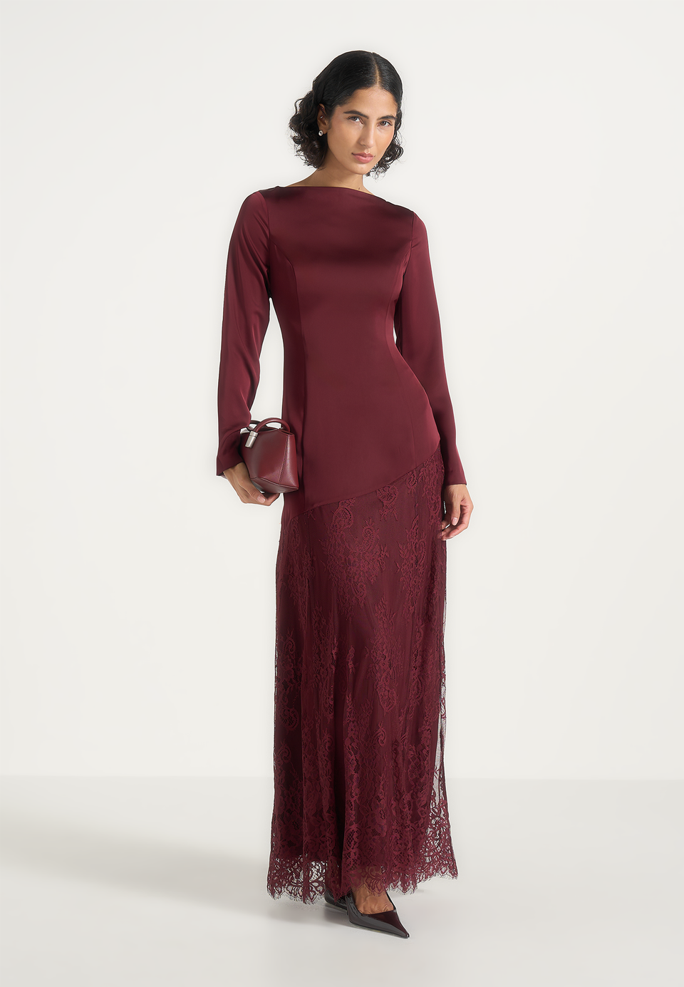Miriam - Asymmetric Satin & Lace Maxi Dress With Lace Scarf - Wine Red