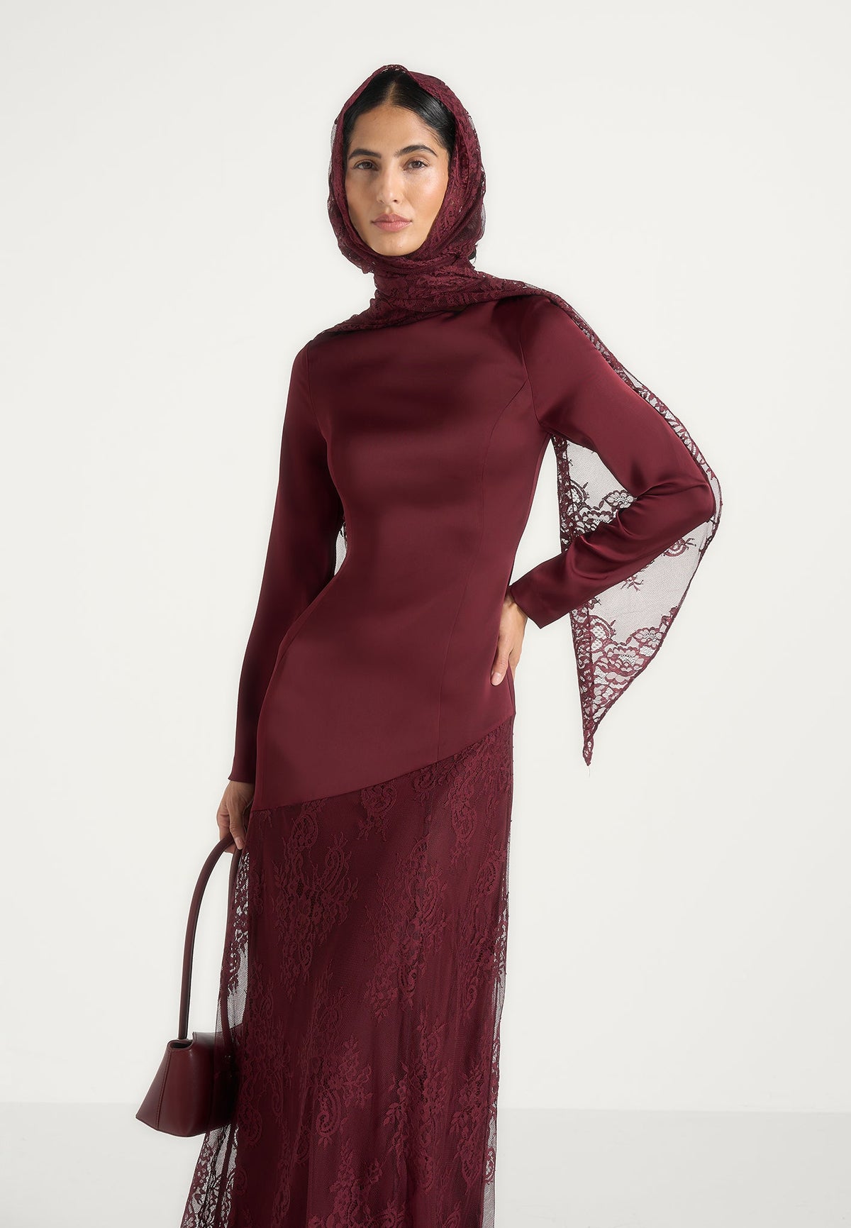 Miriam - Asymmetric Satin & Lace Maxi Dress With Lace Scarf - Wine Red