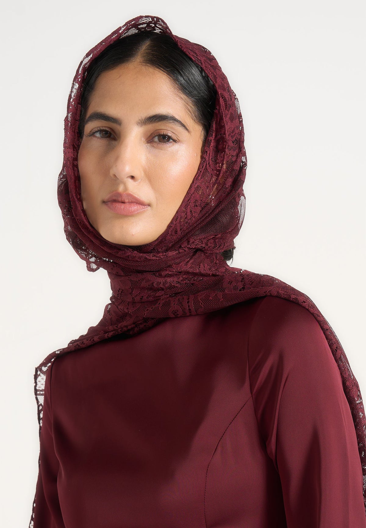 Miriam - Asymmetric Satin & Lace Maxi Dress With Lace Scarf - Wine Red