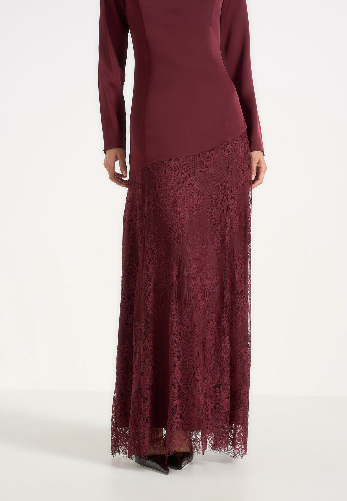 Miriam - Asymmetric Satin & Lace Maxi Dress With Lace Scarf - Wine Red