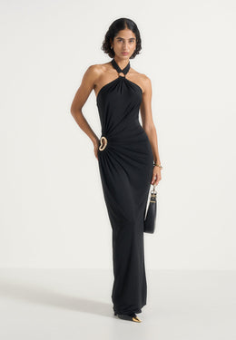 Amalia - Halter Ruched Hip Hardware Maxi Dress - Black