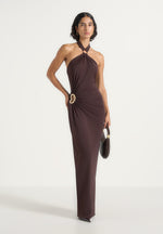 Amalia - Halter Ruched Hip Hardware Maxi Dress - Brown