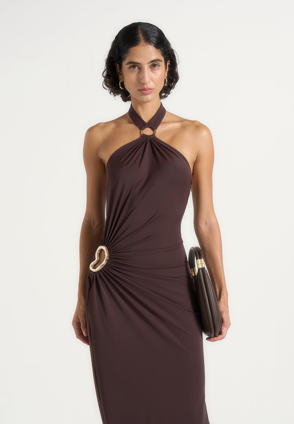Amalia - Halter Ruched Hip Hardware Maxi Dress - Brown