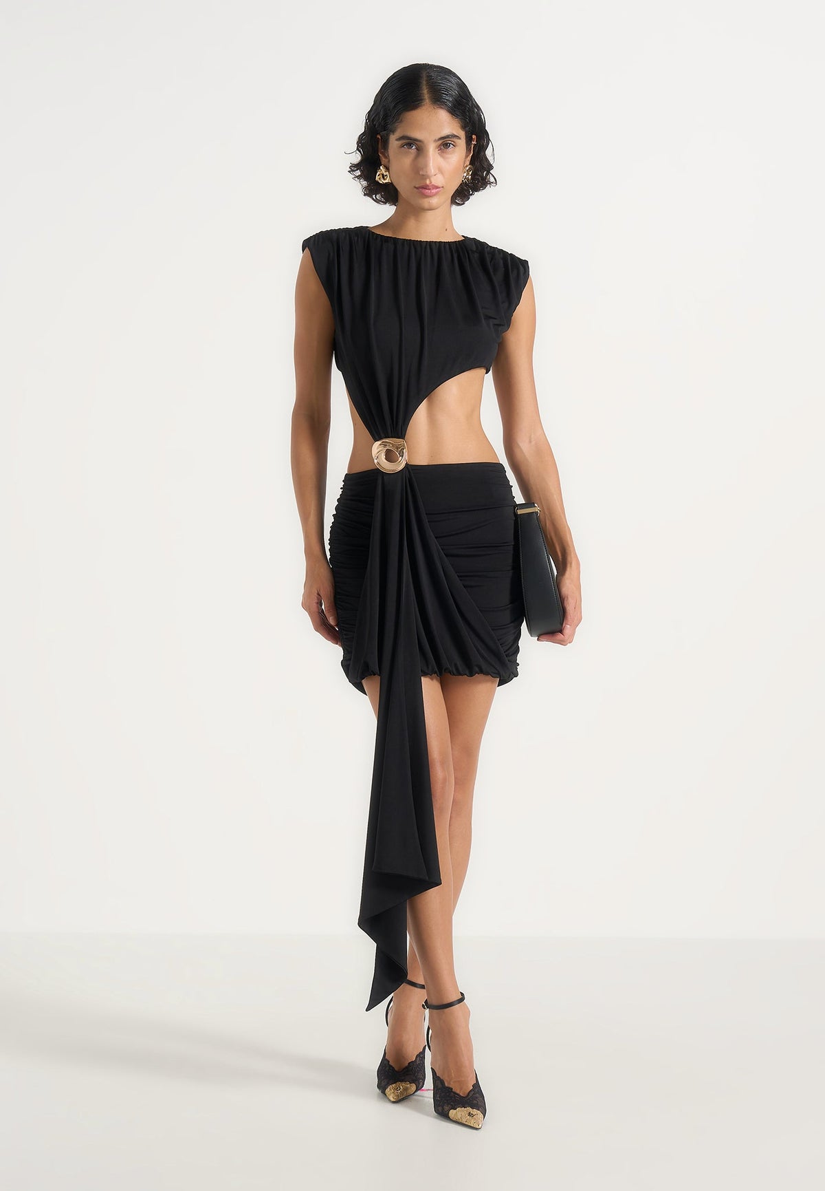 Pia - Draped Hardware Mini Dress - Black