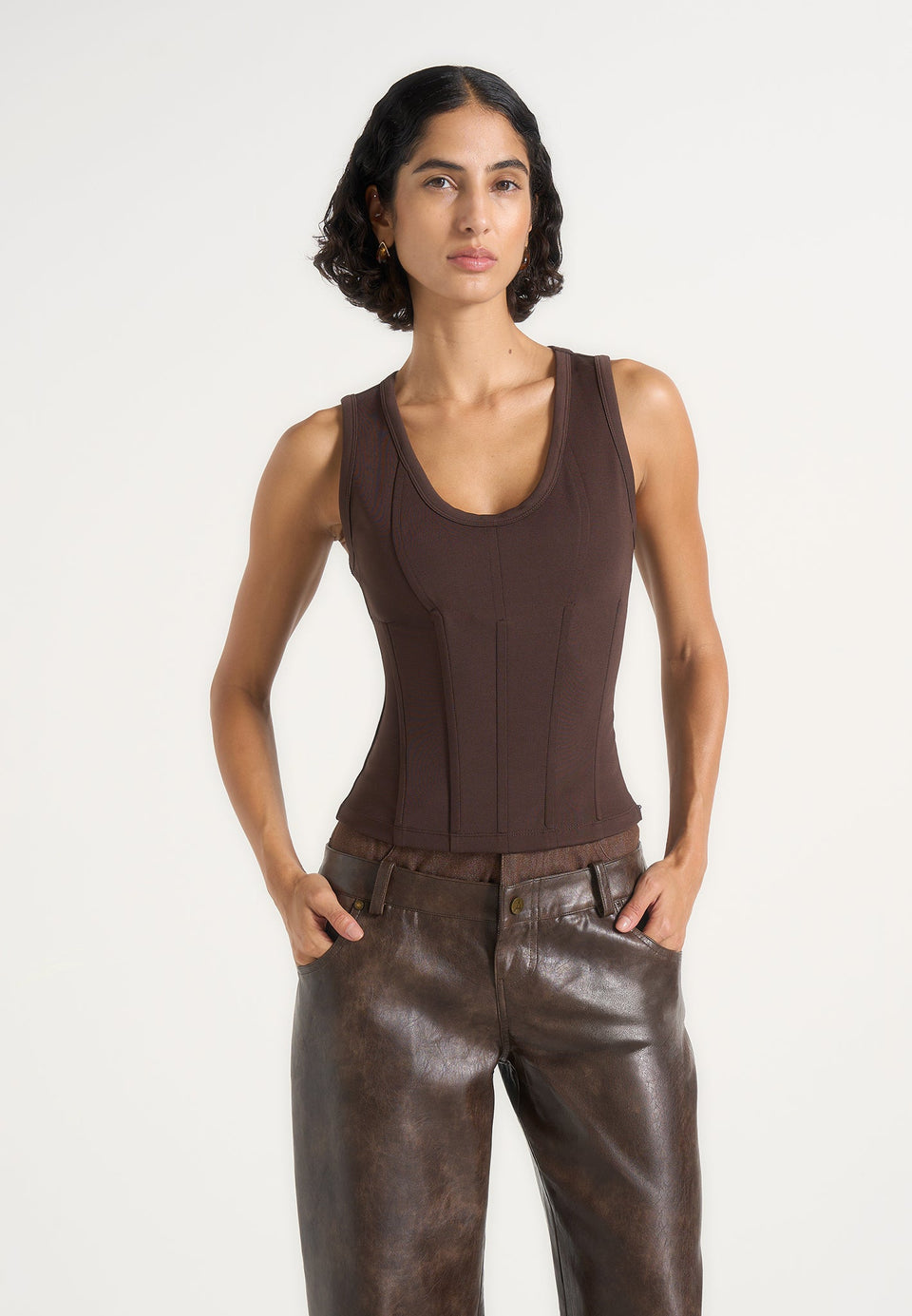 Tess - Corset Seam Tank Top - Brown