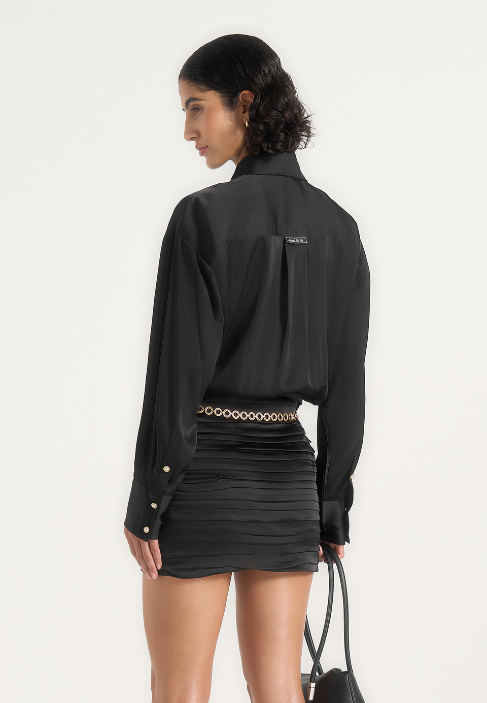 Milena - Chain Belt Ruched Shirt Mini Dress - Black